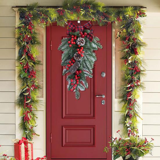 Christmas Swag Artificial Teardrop Swag Wreath with Pine Cones Red Berries And Bow Winter Door Hanging Swag for Front Door Stair Decor