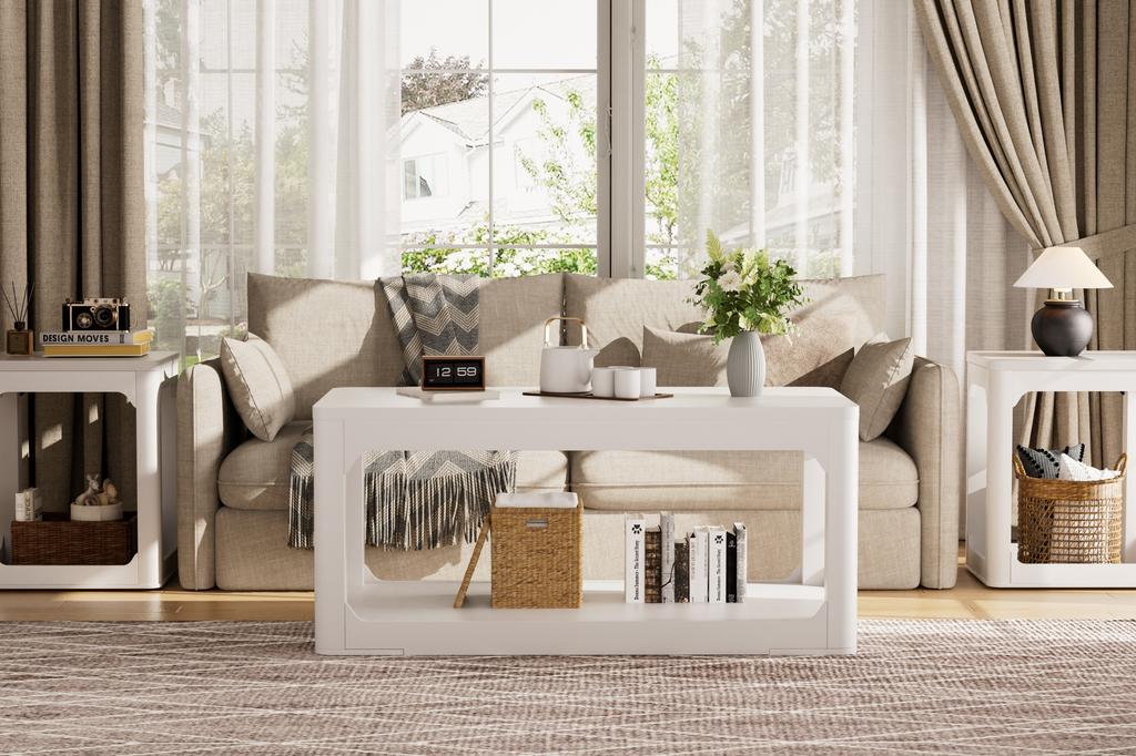 100 cm Long Coffee Table with Two Storage Compartments, 3 cm Thick Tabletop, Suitable for Living and Bedroom, Modern Design, White, 100*50*44.5cm