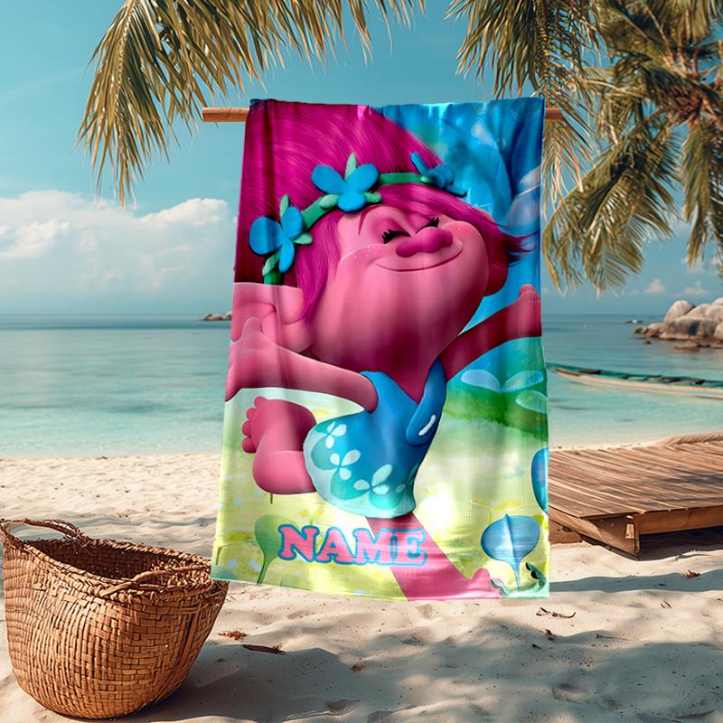 Custom Name Ultra-Soft Beach Towel with Trolls Theme,Ideal for Pool - Camping, Diving - Perfect Travel Essential, Vibrant Beach Towel.