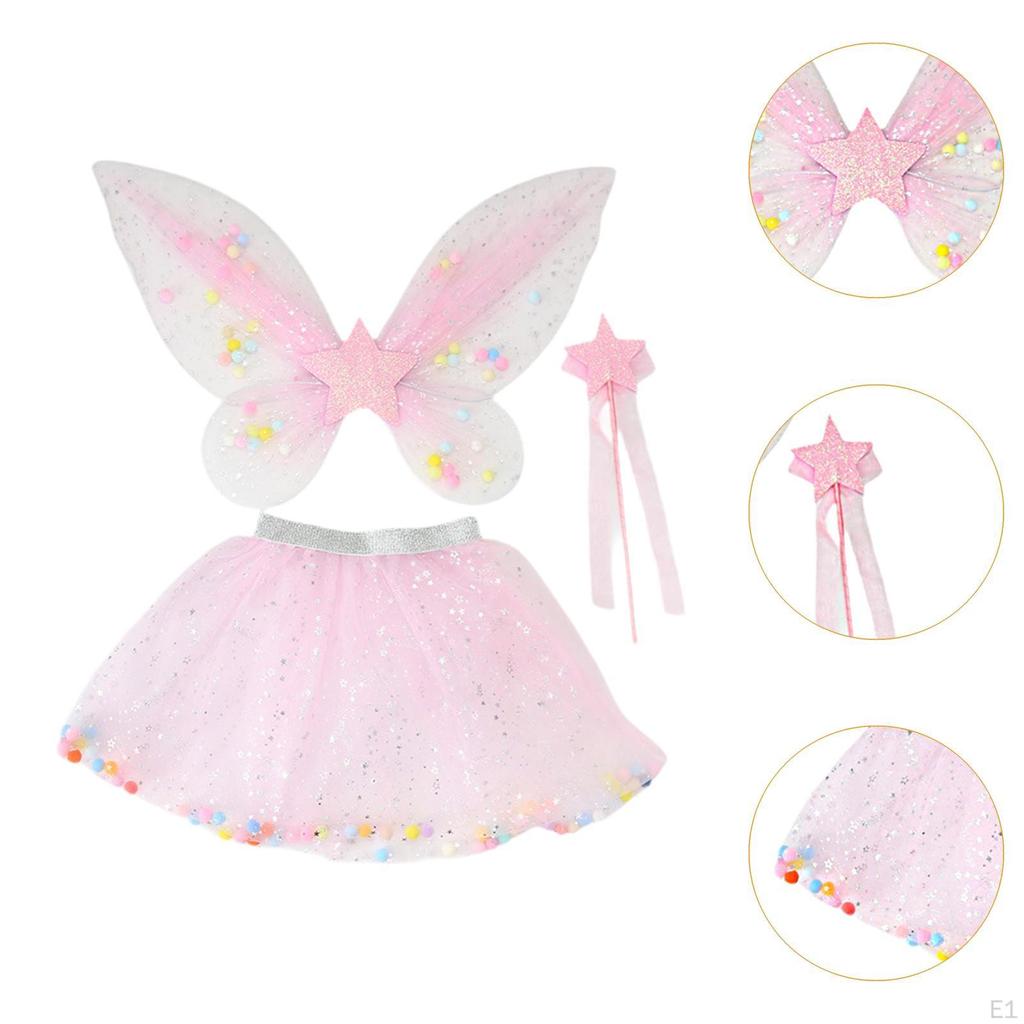 3 Pieces Fairy Wings Tutu Skirt and Stick Set for Girls Holidays Princess Cosplay