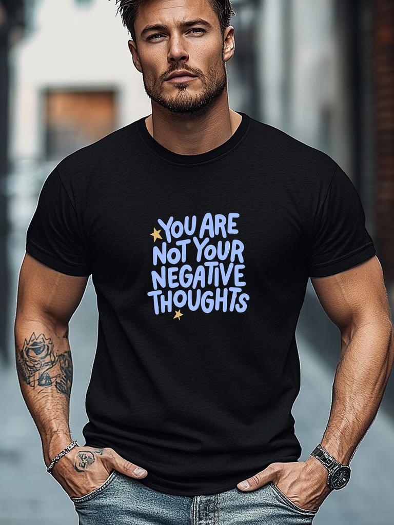 Plus Size Men's T-Shirt, Simple and Stylish, Comfortable and Versatile, Men's "You Are Not Your Negative Thoughts" Graphic Summer Casual Crew Neck Sho