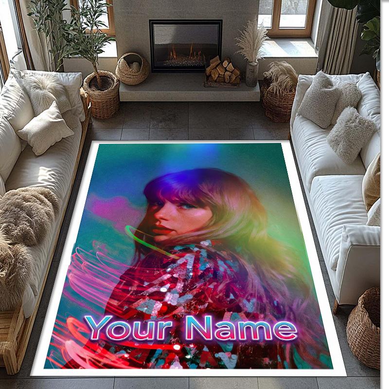 Taylor Swift Crystal Velvet Rug, Custom Name Text Personalized Non‑Slip Floor Mat for Home Decor Gift