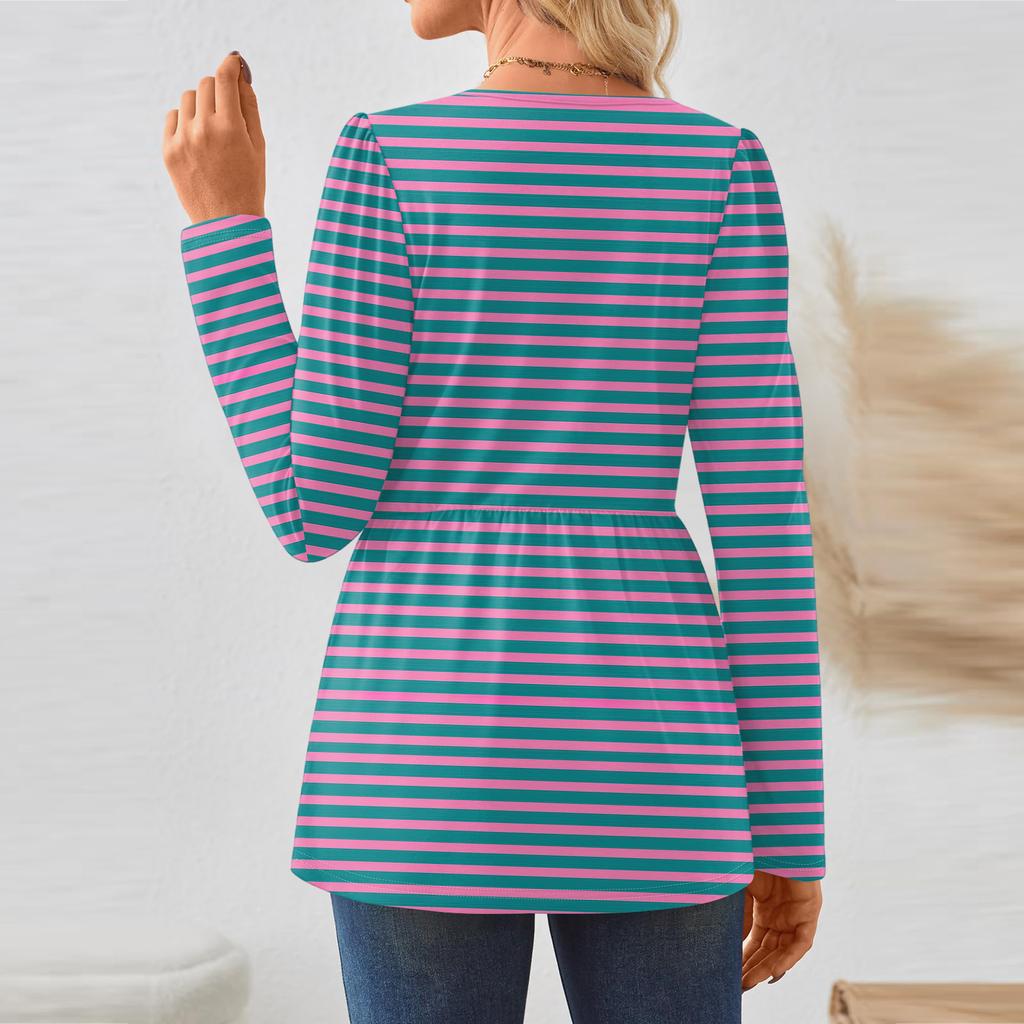 Women's Casual Fashion Long Sleeve Shirt Striped Tunic Top