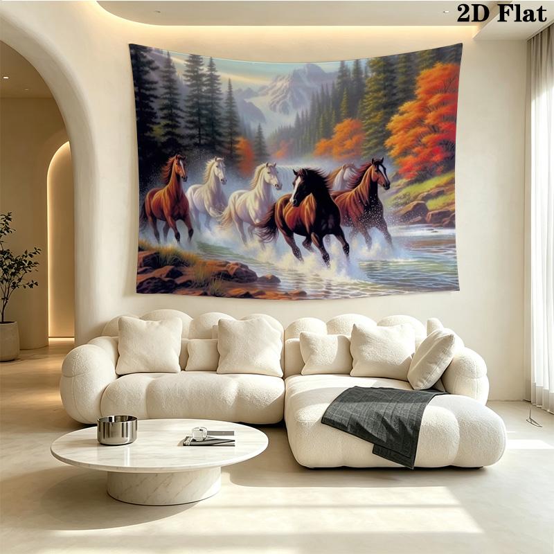 Dark Horse with Wild Flowers Tapestry, Floral Horse Portrait Art Print Wall Hanging for Bedroom Living Room Home Decor