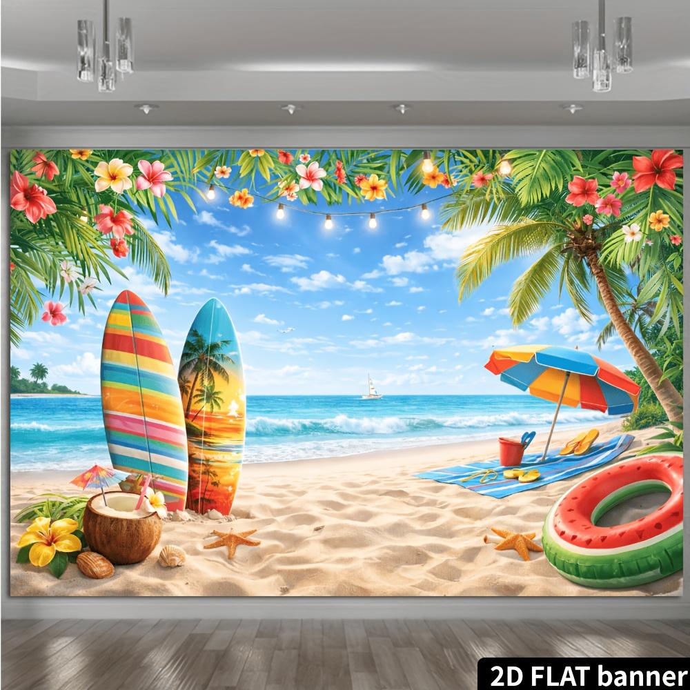2D plane summer beach party backdrop, with a seaside beach and surfboards