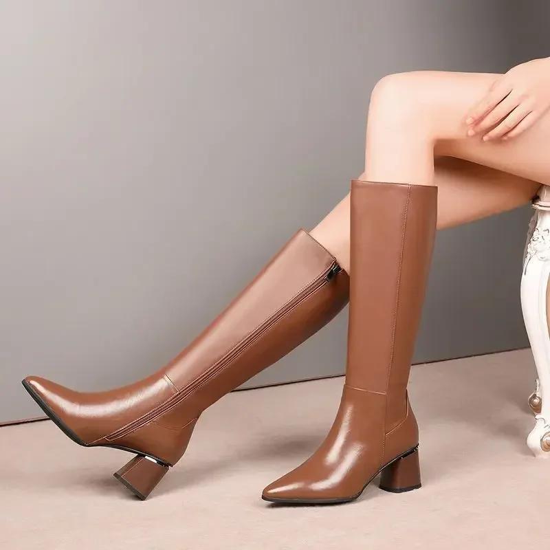 Fashion Women's Knee High Boots Fashion Pointed Toe Thick Heel Long Boots Autumn/Winter Ladies Elegant Side Zippers High Heel Shoes