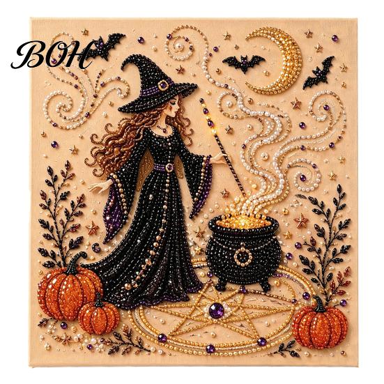 Fall Holiday Decoration Halloween Faux Pearl Art DIY Kit, 3D Bead Embroidery Craft Set, Spooky Handmade Ghost Pumpkin Goat Witch Wall Art, Seasonal