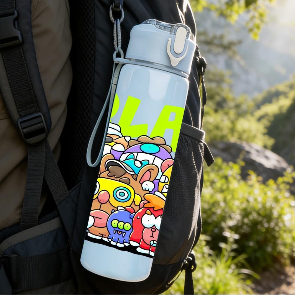 1PC 3 LAND Text Graffiti Collage Print 750ml Color Plastic Sports Water Bottle Leakproof Flip Straw Lid Suitable for Sports Office Home Use