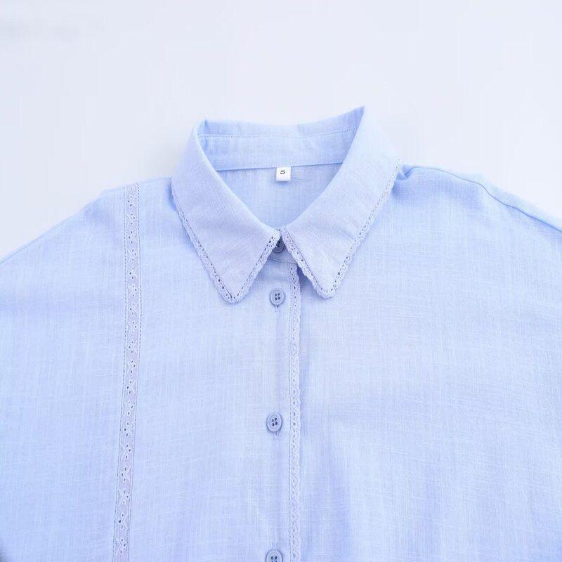 Fashion Style 2024 Autumn New Women's Clothing Easiest for Match Linen Blended Lace Trim Long Sleeves Shirt 8342738