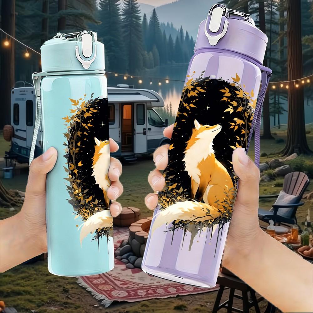 1PC Fox Dark Moon Art 750ml Color Plastic Sports Water Bottle Leakproof Flip Straw Lid Suitable for Sports Office Home Use