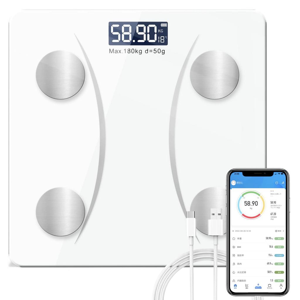 Weight Smartphone Bluetooth Body Composition Body Fat 2023 Latest Body Scale Body Fat Muscle Body Water BMI Japanese Instruction Data Cable Included