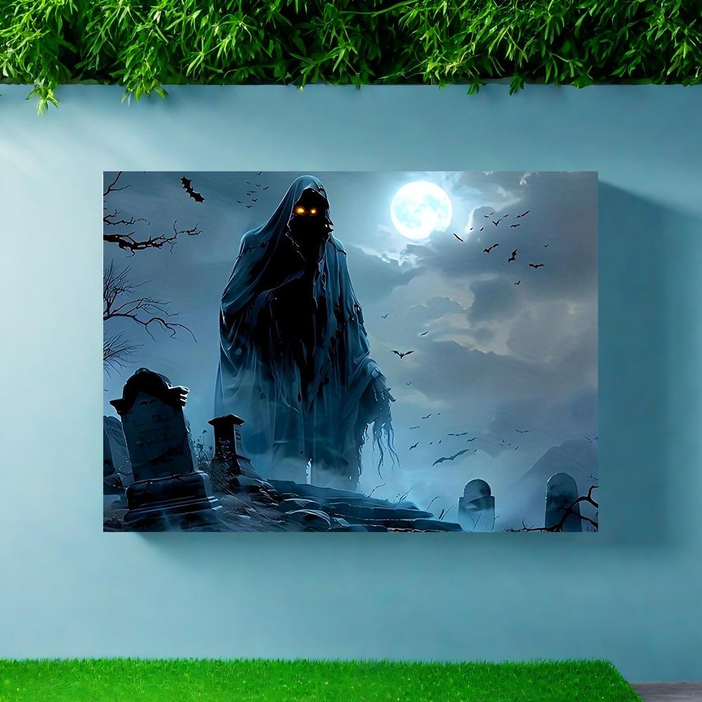 1pc Halloween party banner made of polyester material with a terrifying witch background image suitable for indoor and outdoo