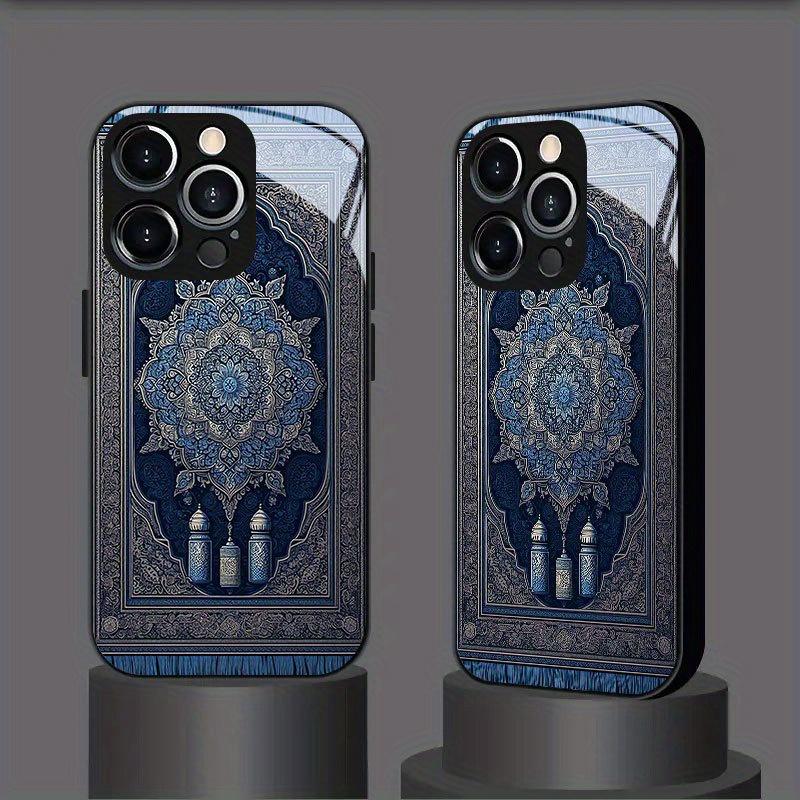 Стеклянный чехол для телефона с узором синего ковра, подходит для iPhone 17 16 15 14 13 12 11 Pro/Max/Plus, противоударная задняя крышка