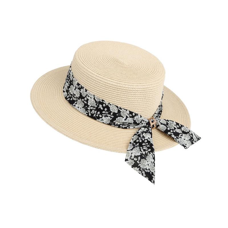 New French Celebrity Flat Top Hat Women's Summer Elegant Ribbon Straw Hat Sunscreen Sun Hat Tide