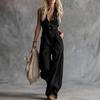 Summer Women Jumpsuit V Neck Sleeveless Front Button Casual Loose Wide Leg Pants Ladies Long Romper Overall with Dual