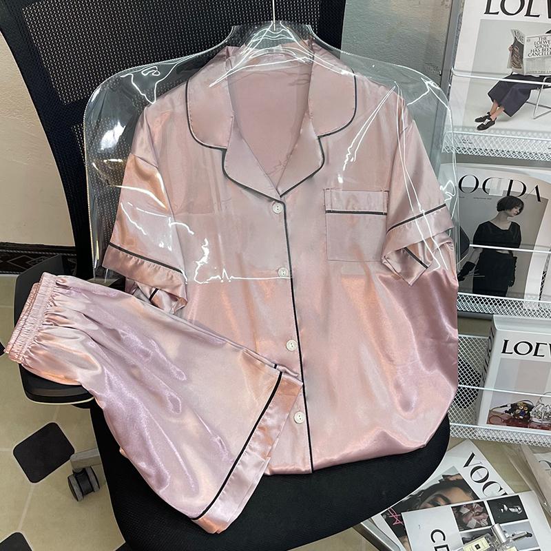 Летняя новая женская милая атласная пижама с цветочным принтом, короткий рукав + брюки, женская милая домашняя одежда, повседневная одежда