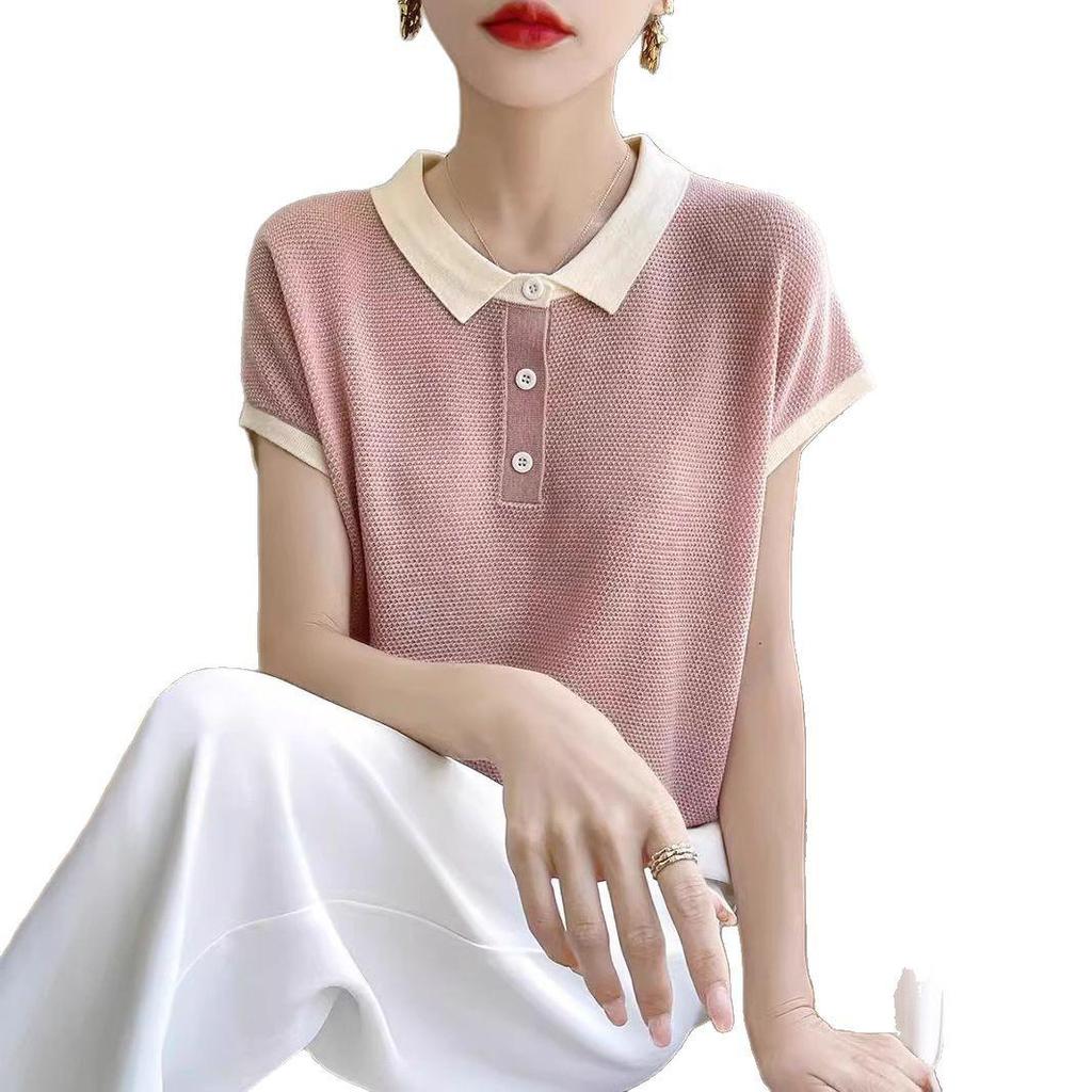 Женская футболка Tencel Colorblock Polo Collar с коротким рукавом и контрастным принтом – стильный, свободный, летний топ, который омолаживает