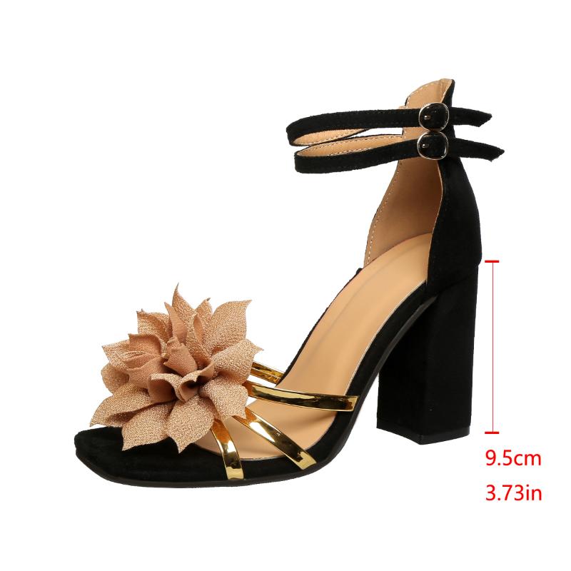 Женские сандалии с квадратным носком, открытым носком, цветком, тонкими ремешками, нескользящие, износостойкие, на массивном каблуке, для вечеринок, на очень высоком каблуке