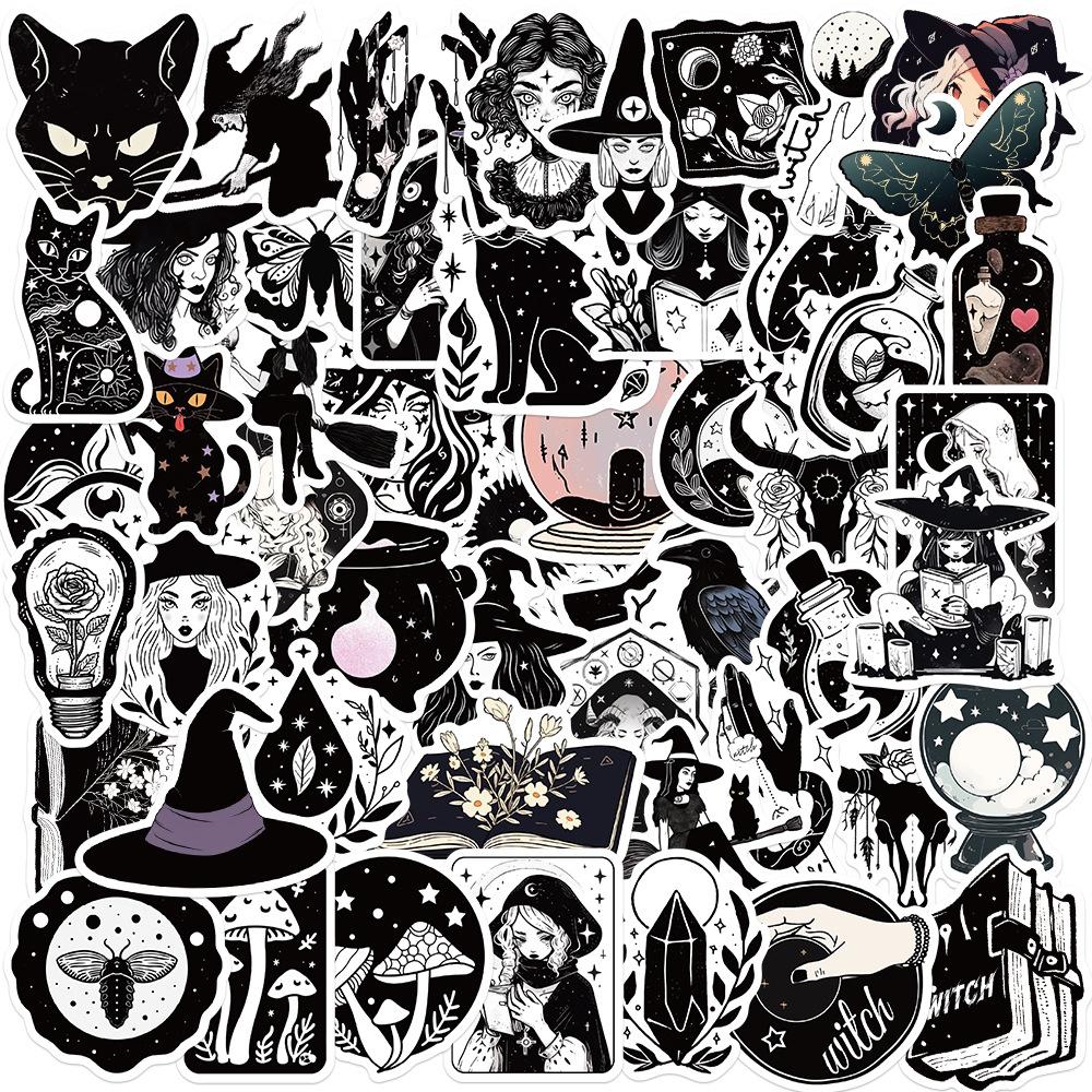 50 Cartoon Black and White Witch Doodle Stickers Decorate Guitar Notebook Suitcase DIY Waterproof