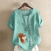Women's Fashion Squirrel Prined Round Neck Short Sleeve T-shirt Casual Cotton Linen Graphic Shirt Leisure Loose Summer Blouse Tops