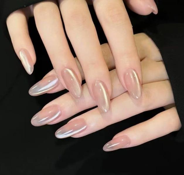30 pieces of wearing armor white almond cat eye temperament simple solid color finished product removable nail patch wholesale