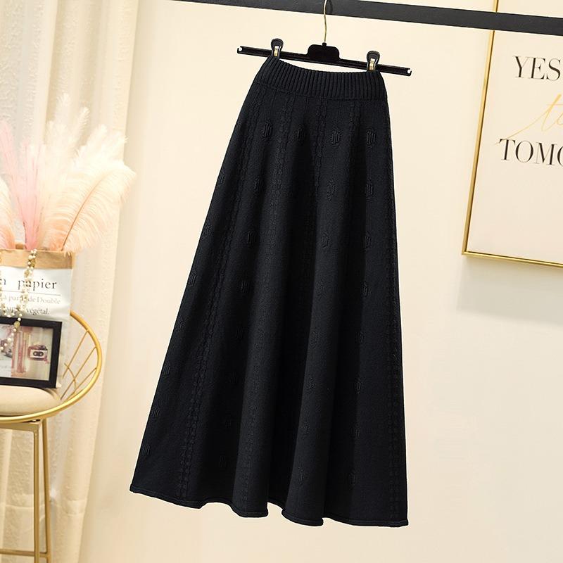 Женская осенне-зимняя трикотажная шерстяная юбка средней длины с широким подолом и полудлинной юбкой