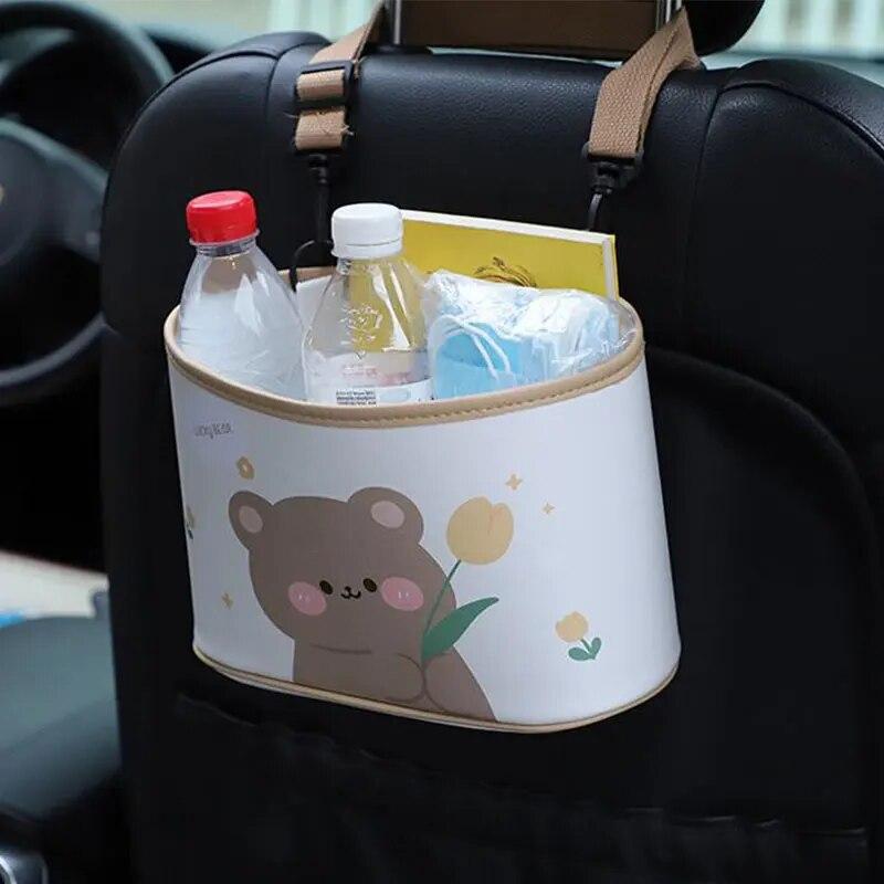 Cartoon Bear Car Seat Back Storage Bucket Leather Printing Hanging Waterproof Large Capacity Multi-function Trash Can