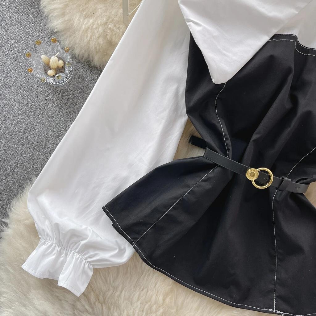 Korean Series Short Shirts for Women, Puff Sleeve Top, Large Lapel, Contrast Color, Patchwork, Early Spring Wear, New Fashion