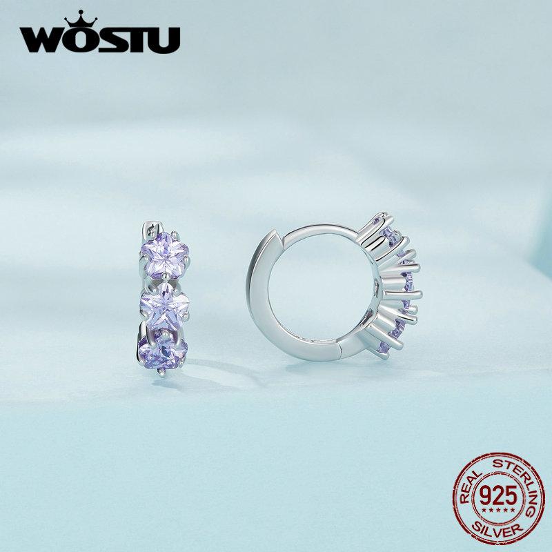 WOSTU 925 Sterling Silver Purple Zircon Stacked Star Ear Buckles Lavender Flower Hoop Earrings for Women Elegant Fine Jewelry