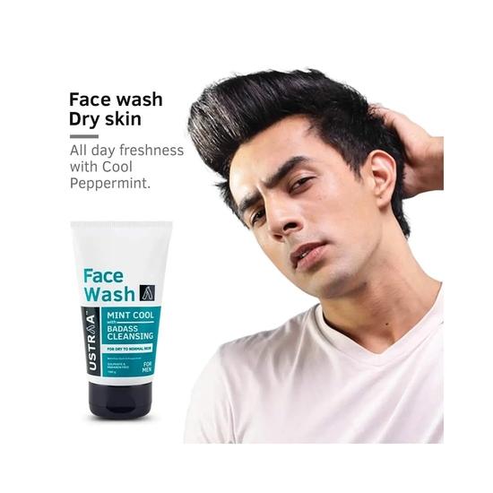 Ustraa Face Wash - Mint Cool - For Dry To Normal Skin - 100g | Reduces Moisture Loss | Removes Dirt & De-Tan Face Scrub for Men, 100g