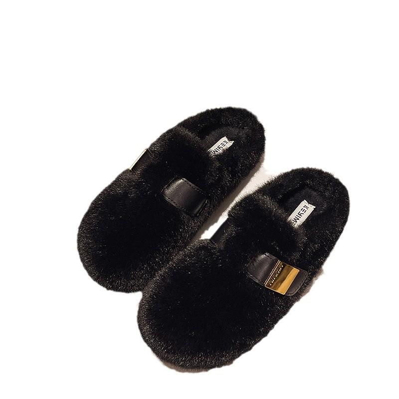 Premium Bag Head Fluffy Slippers Women's Outer Wear 2025 Autumn and Winter New Lazy One-pedal Flat-bottomed Velvet Cotton Slippers