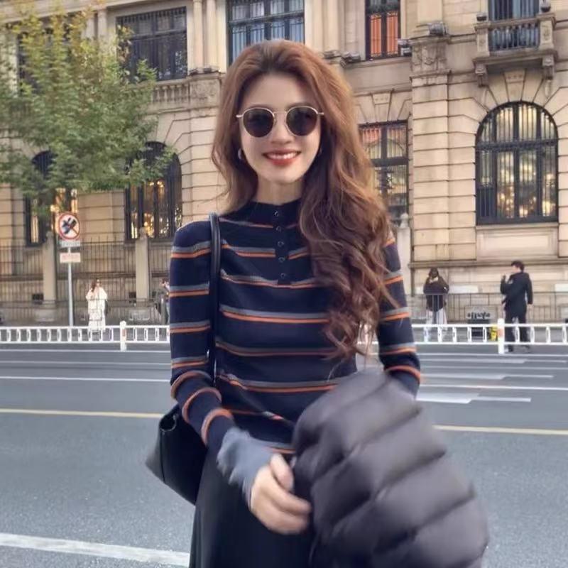 Korean Chic Striped High Neck Slim-Fit Knit Top for Women - Autumn/Winter Flattering Inner Wear with Unique Design.