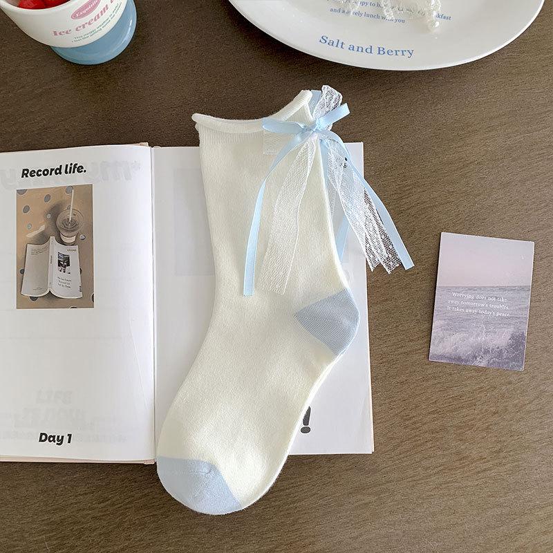 Женские весенне-осенние милые носки-гольфы средней длины с бантом и кружевом в сочетающихся цветах