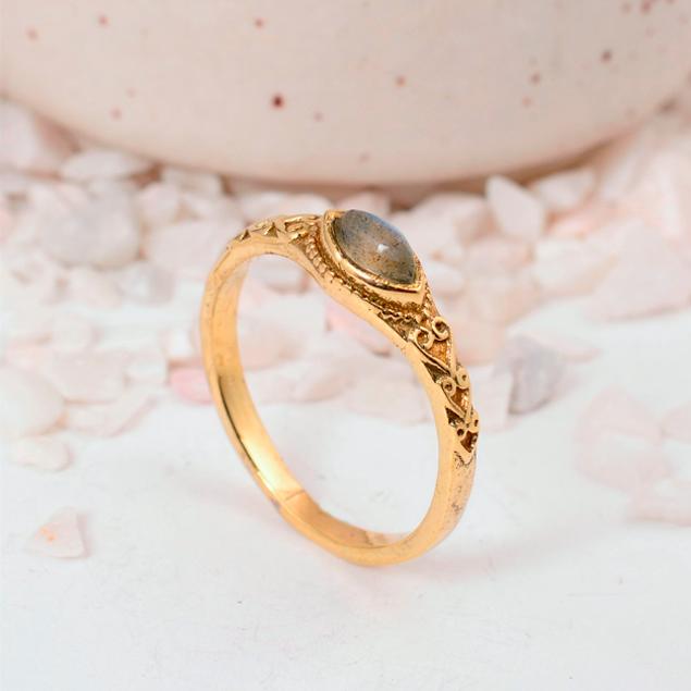 Delicate Gold Marquise Labradorite Ring: Vintage-style Ring with Ornate Filigree Band and Small Navette Gemstone.