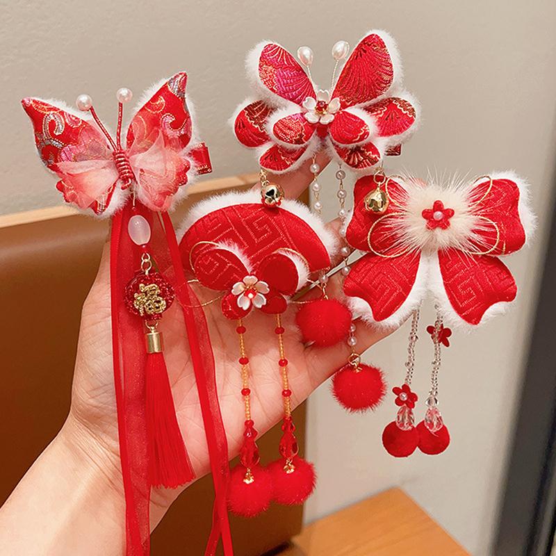 1 пара детских красных заколок-бантов для волос, кавайные аксессуары для волос, заколки для волос с кисточками в виде бабочек, универсальные заколки для волос в старинном стиле