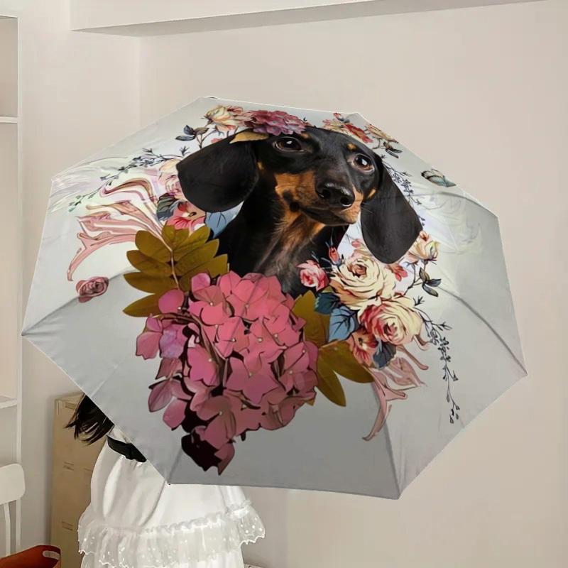 1pc Floral Dachshund with Butterflies Umbrella with Plastic Handle,Suitable for All Seasons Home Travel Outdoor UmbrellaDD1771