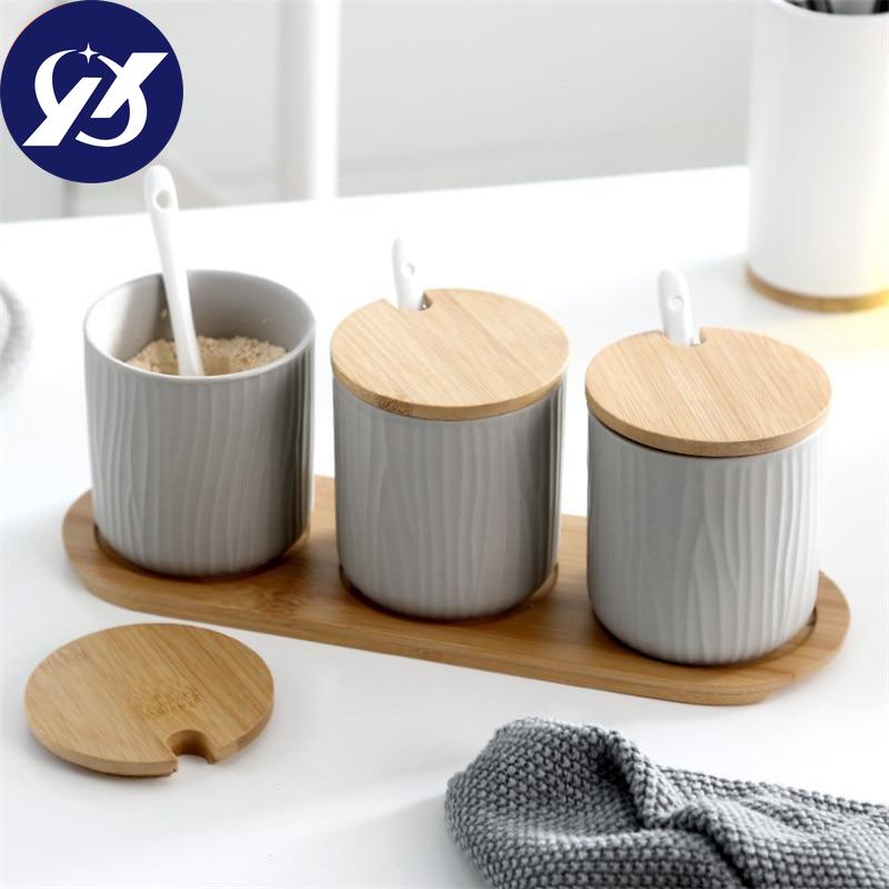 Nordic Ceramic Spice Rack Seasoning Jar Kitchen Salt Pepper Storage Bottle with Cover and Spoon Set Creative Simple Condiment