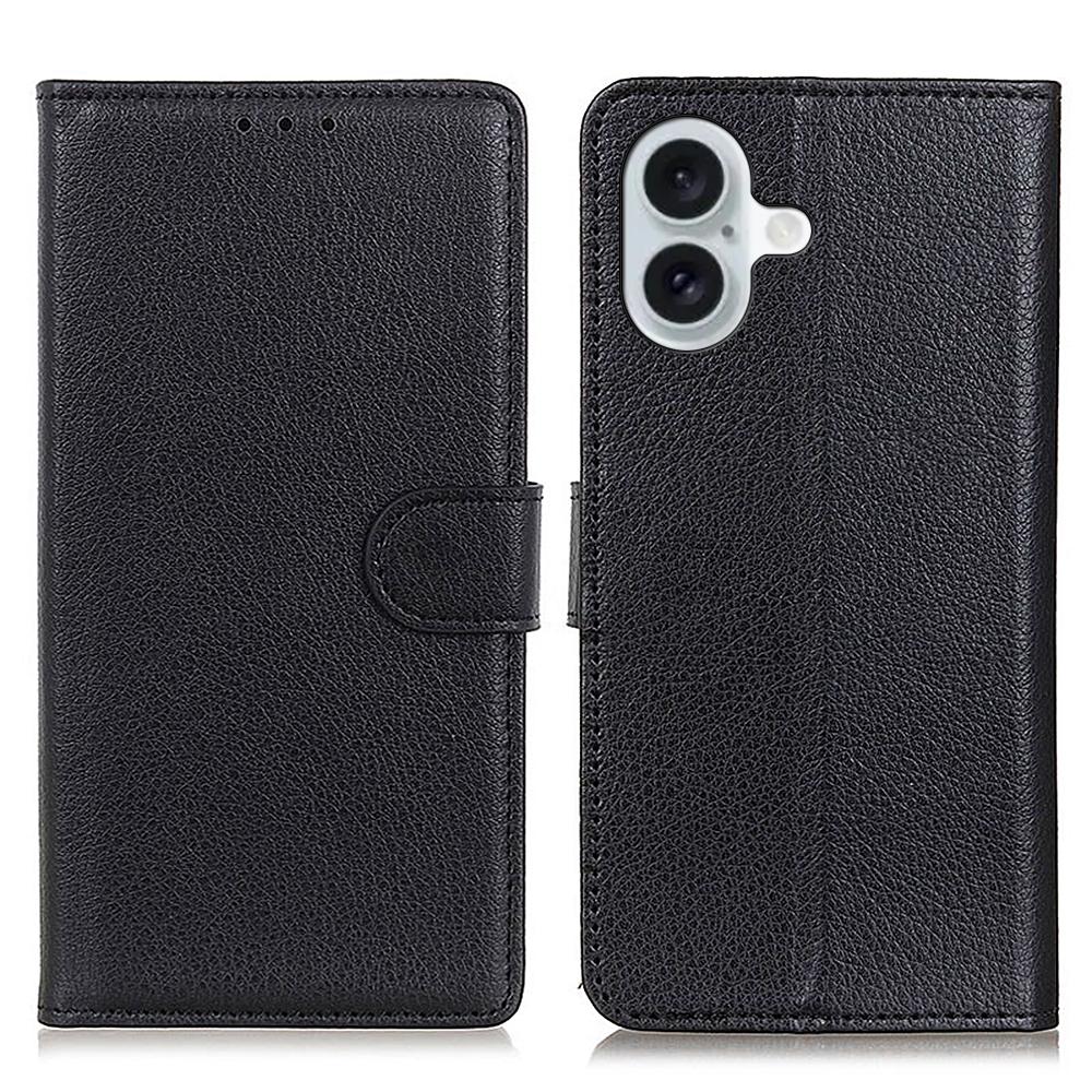 For iPhone 16 Case PU Leather Wallet Stand Litchi Texture Phone Cover