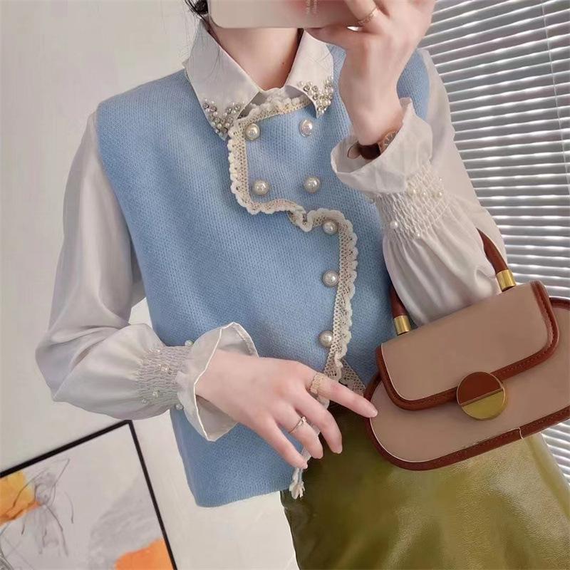 Корейский ретро-стиль с небольшим ароматом, жилет с кружевной кромкой, вязаный кардиган для женщин 2024 года, новый повседневный дизайн, свитер