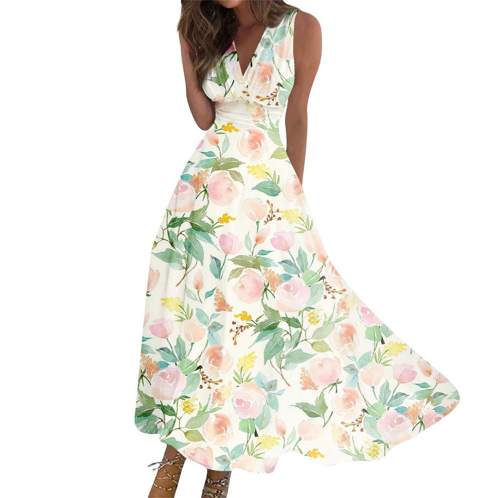 Женское длинное платье Платье макси Повседневное платье Летнее повседневное платье без рукавов с v-образным вырезом в стиле бохо с талией и принтом