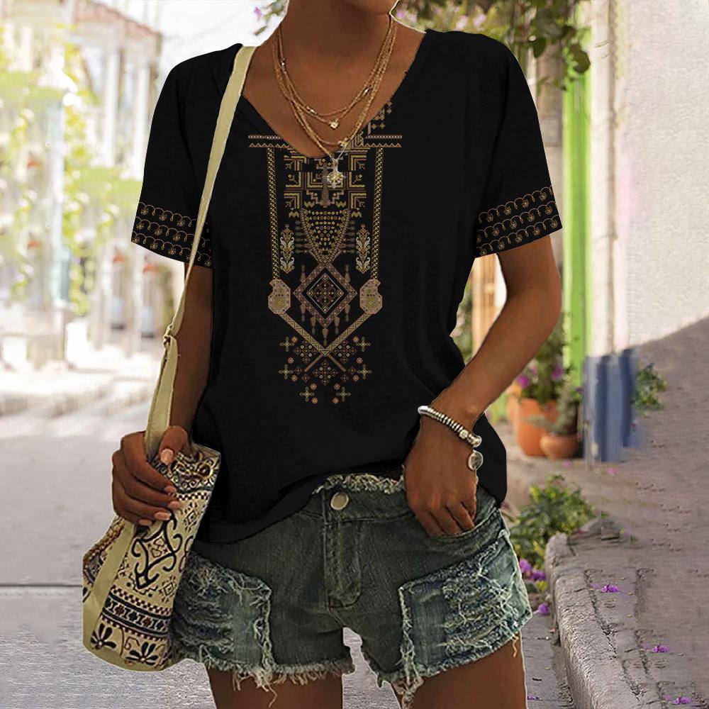 2025 Vintage Shirt for Women Totem Printed Ethnic Style Women's Clothing Summer Casual Short Sleeved Tops Tees Oversized T-Shirt