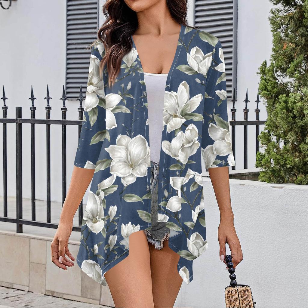 Women's Fall Print Irregular Three-quarter Sleeve Cardigan With Pocket Jacket