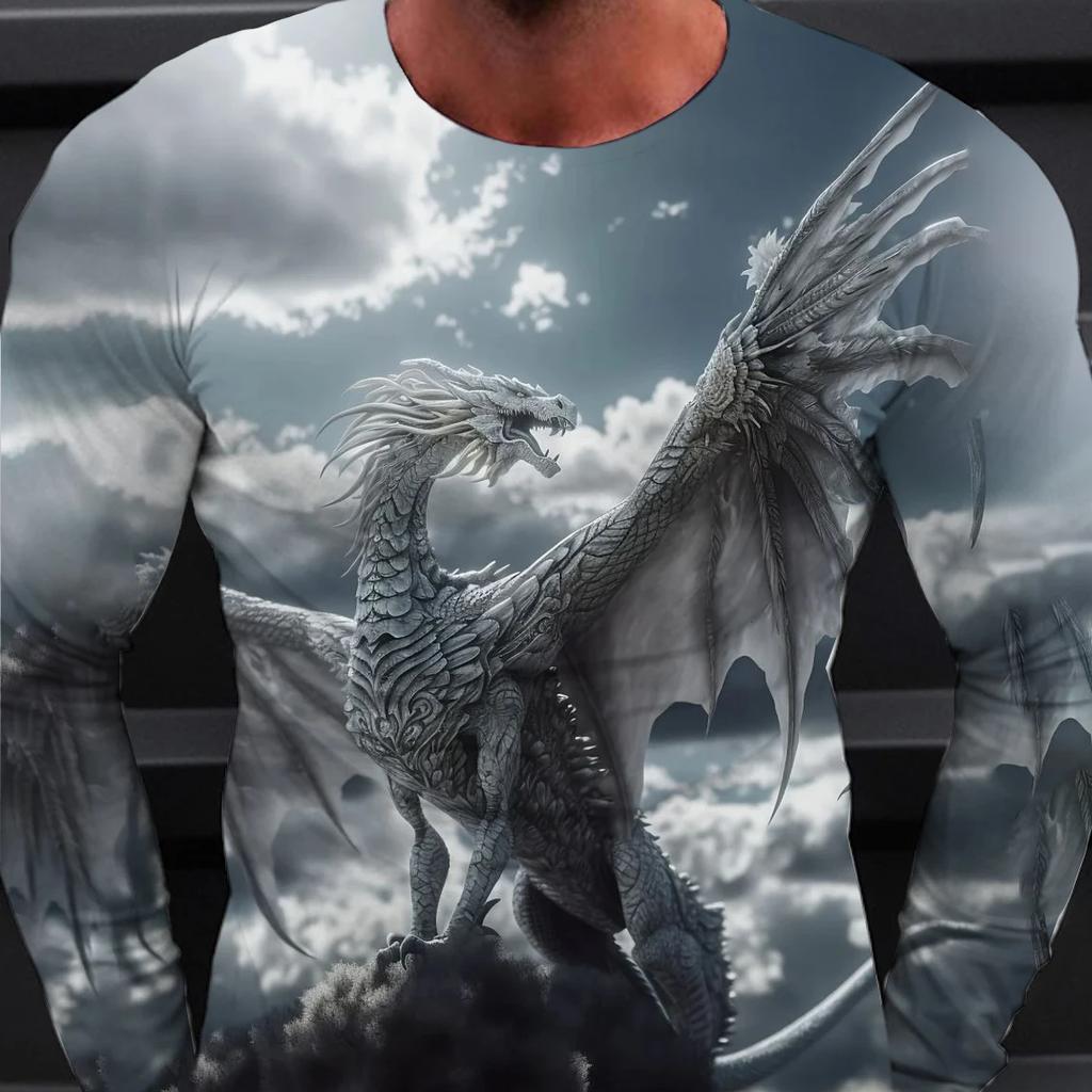 Мужские футболки с длинным рукавом, длинная футболка с 3d принтом для мужчин, уличный пуловер с круглым вырезом, футболка большого размера, мужская одежда с принтом дракона