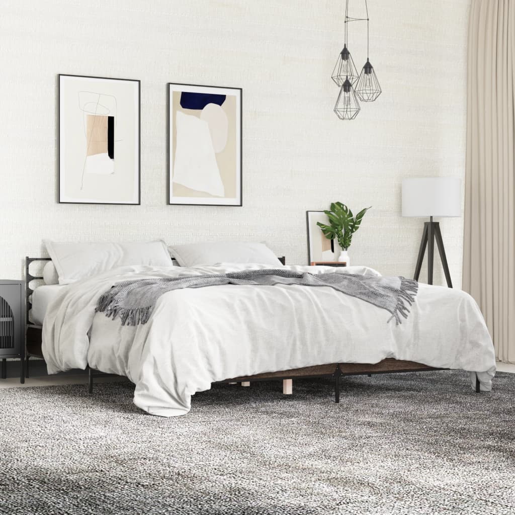 Brown Oak Effect Bed Frame 200 x 200 cm Wood Based Material & Metal