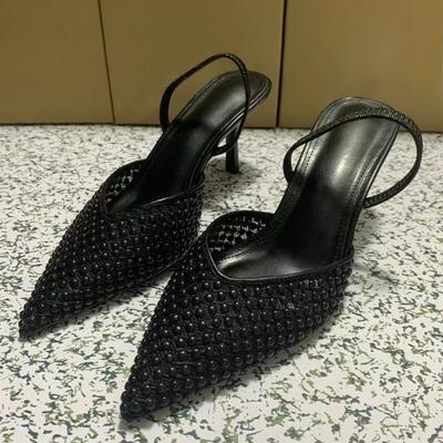 Модные Роскошные Черные Жемчужные Туфли на Высоком Каблуке Женские Сандалии для Вечеринки Выпускного Остроносые Слингбэки Сетчатые Дизайнерские Летние Женские Туфли для Платья