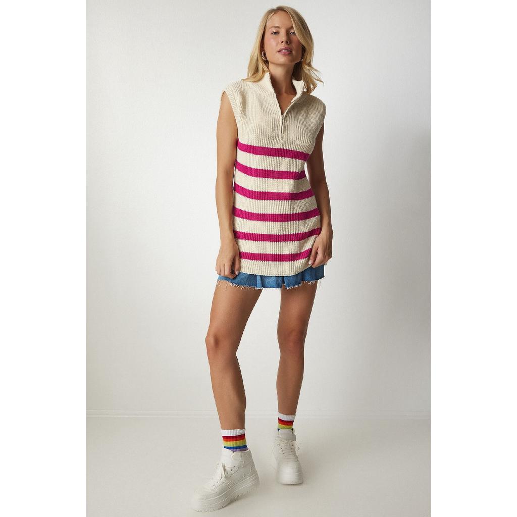 Женский кремовый черный полосатый свитер с воротником на молнии Mx00123