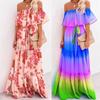 Off Shoulder Women Dress Floral Print Thin Large Hem Belt Maxi Dress Streetwear