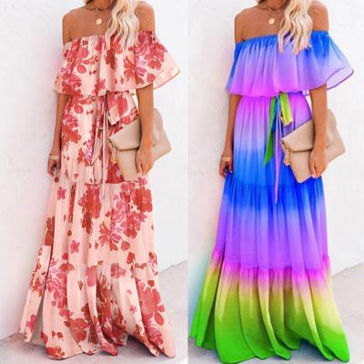 Женское платье с открытыми плечами и цветочным принтом, тонкое платье макси с большим подолом, уличная одежда