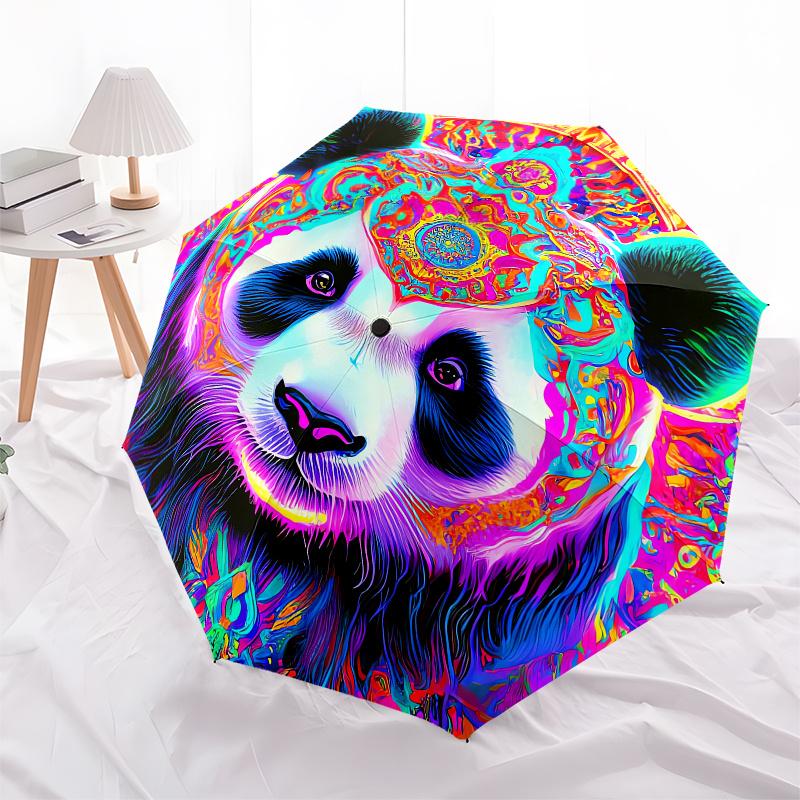 Psychedelic Panda Automatic folding umbrella simple eight rib design, bright color pattern, durable iron frame, ideal for travel and outdoo
