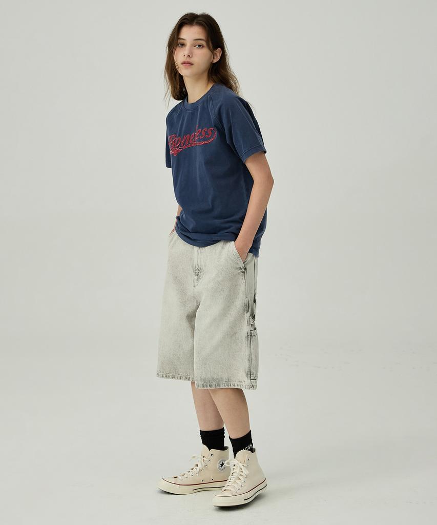 MAGOODGAN Swagver 3589 Damaged Applique Pigment Navy Standard Fit Short Sleeve Tee